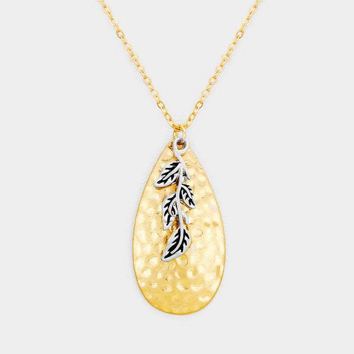 Hammered Teardrop Leaf Charm Pendant Necklace - Madeline Love - Flyclothing LLC