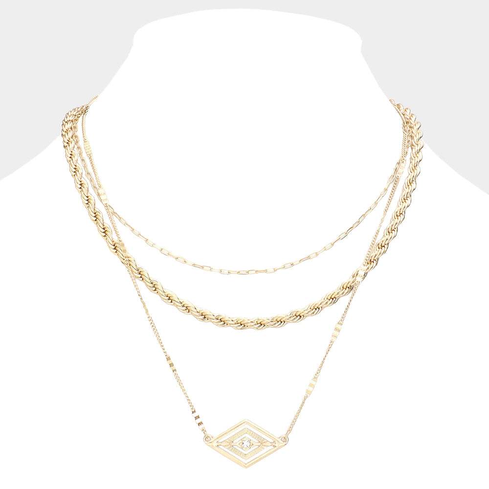 Rhinestone Centered Metal Rhombus Pendant Triple Layered Necklace - Madeline Love - Flyclothing LLC