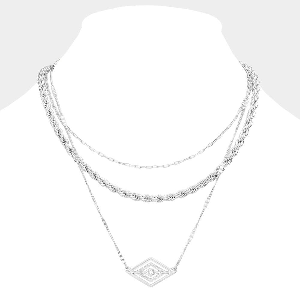 Rhinestone Centered Metal Rhombus Pendant Triple Layered Necklace - Madeline Love - Flyclothing LLC