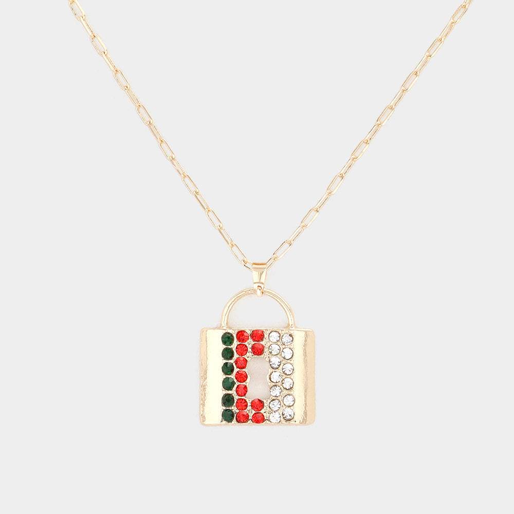 Color Block Rhinestone Embellished Lock Pendant Necklace - Madeline Love - Flyclothing LLC