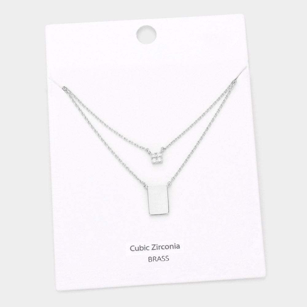 CZ Embellished Square Brass Metal Rectangle Pendant Double Layered Necklace - Madeline Love - Flyclothing LLC