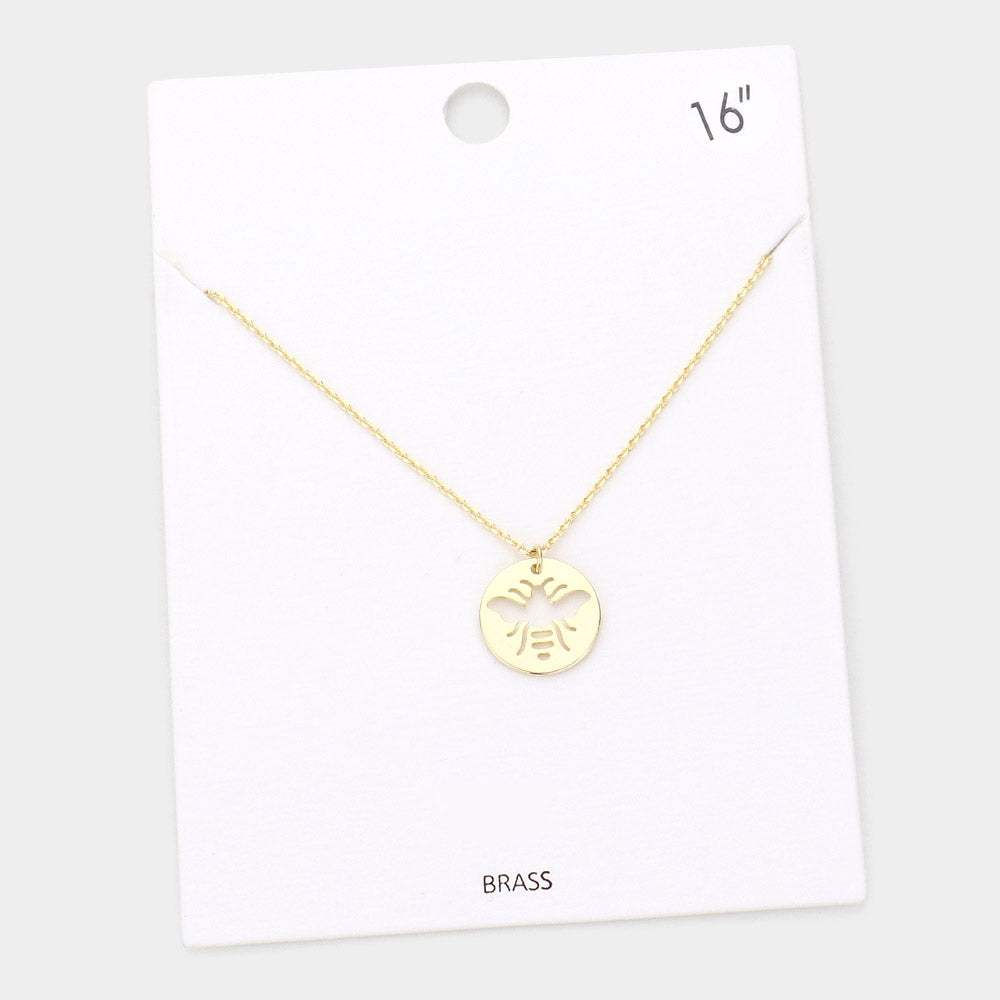 Brass Metal Cutout Honey Bee Disc Pendant Necklace - Madeline Love - Flyclothing LLC