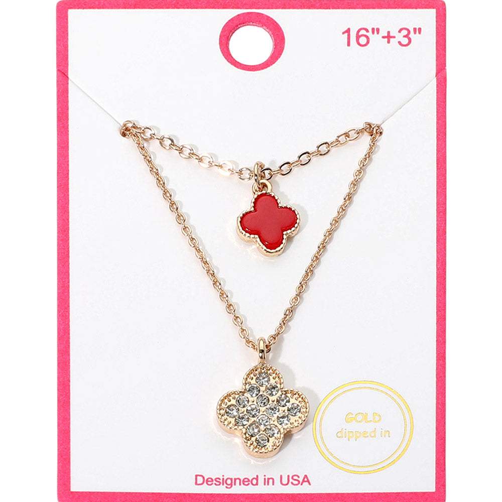 Gold Dipped Double Quatrefoil Pendant Layered Necklace - Madeline Love - Flyclothing LLC