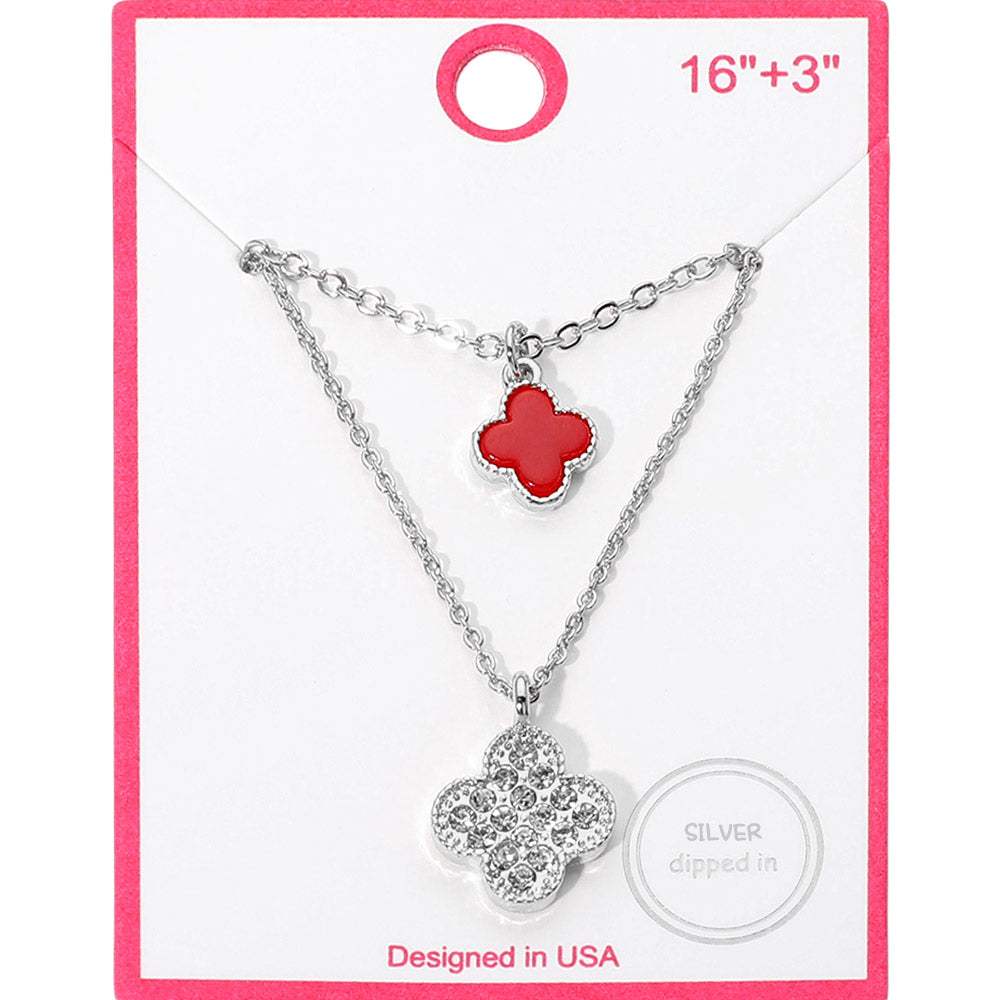 Silver Dipped Double Quatrefoil Pendant Layered Necklace - Madeline Love - Flyclothing LLC