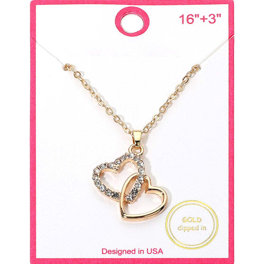 Gold Dipped Rhinestone Paved Layered Double Heart Pendant Necklace - Madeline Love - Flyclothing LLC