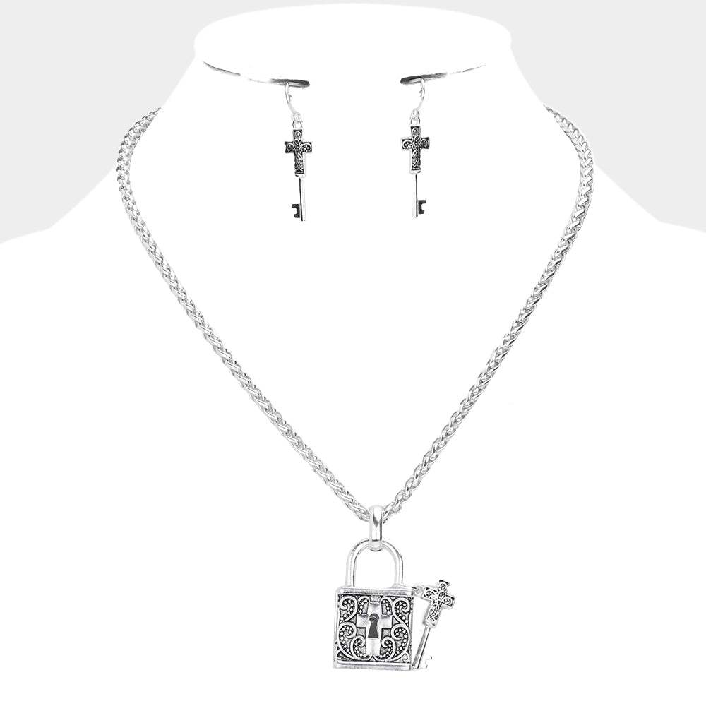 Cross Centered Metal Lock Key Pendant Necklace - Madeline Love - Flyclothing LLC