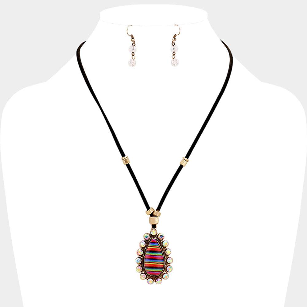 Faux Leather Cord Serape Rhinestone Teardrop Necklace - Madeline Love - Flyclothing LLC