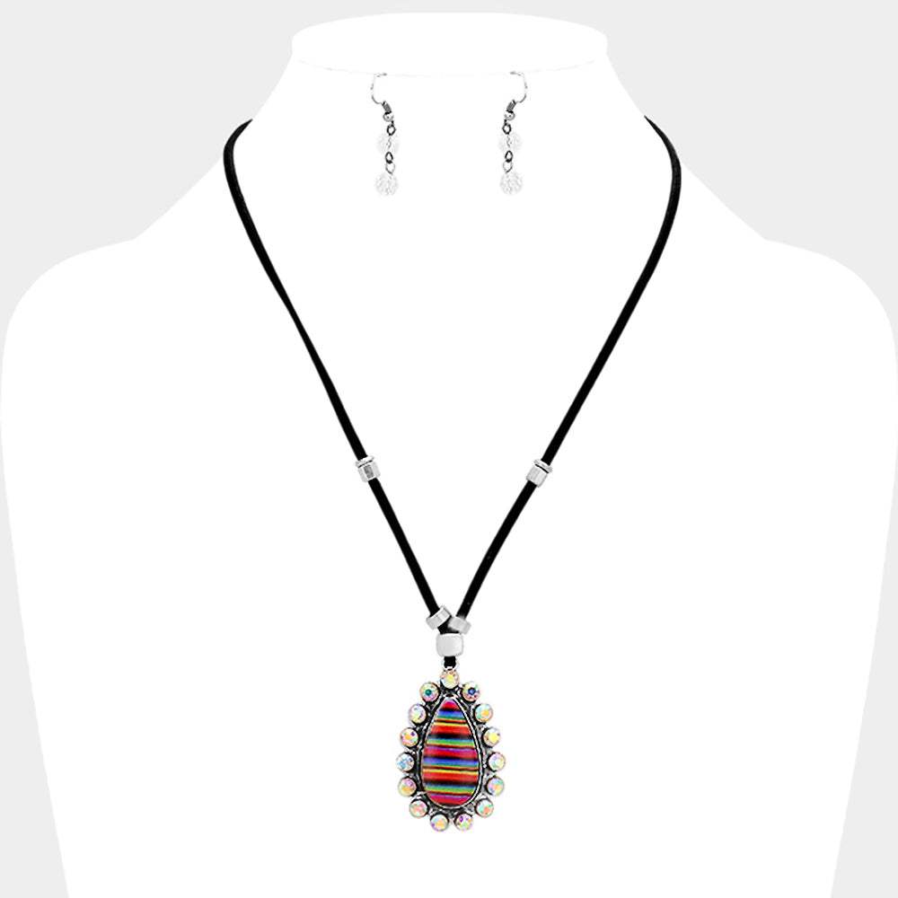 Faux Leather Cord Serape Rhinestone Teardrop Necklace - Madeline Love - Flyclothing LLC
