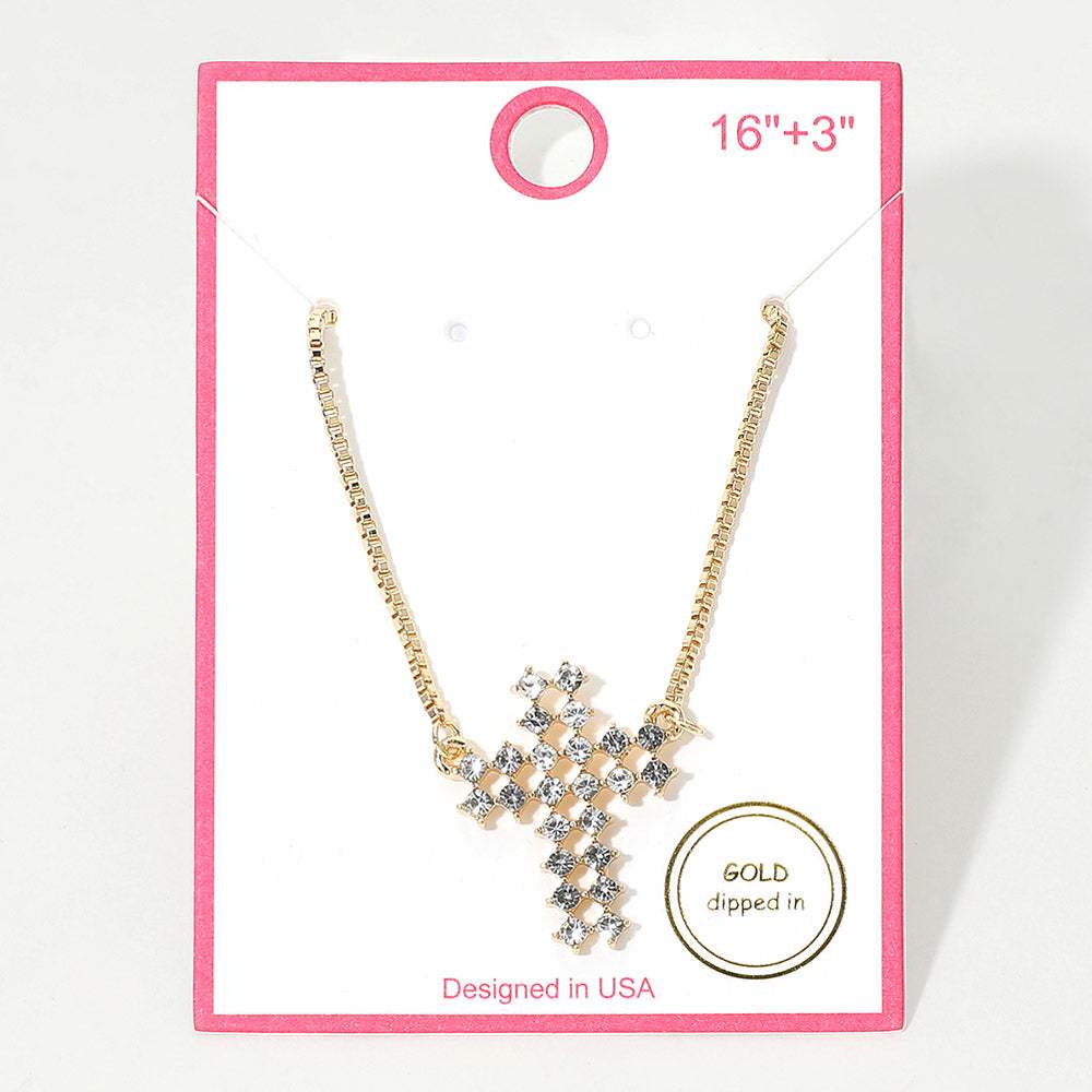 Gold Dipped Rhinestone Cross Pendant Necklace - Madeline Love - Flyclothing LLC
