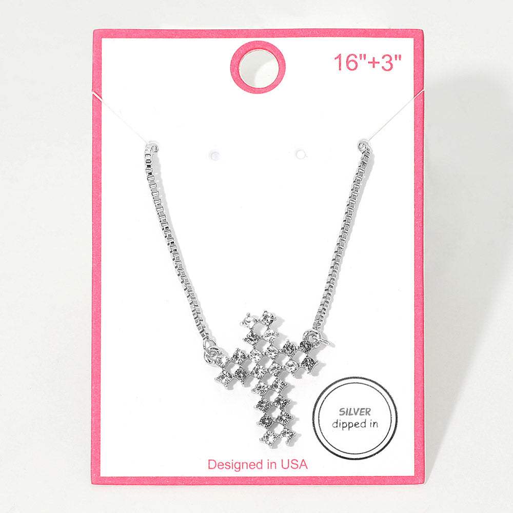 Silver Dipped Rhinestone Cross Pendant Necklace - Madeline Love - Flyclothing LLC