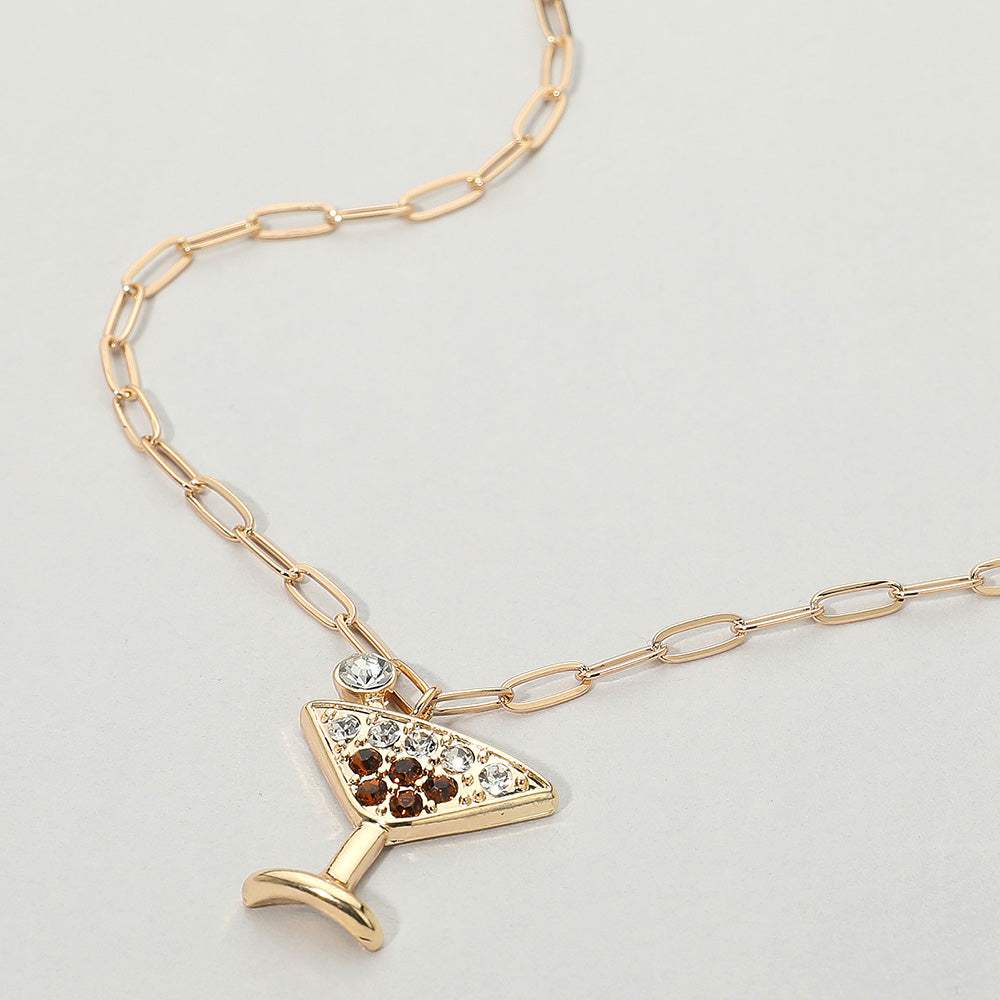 Stone Paved Martini Glass Pendant Paperclip Chain Necklace - Madeline Love - Flyclothing LLC