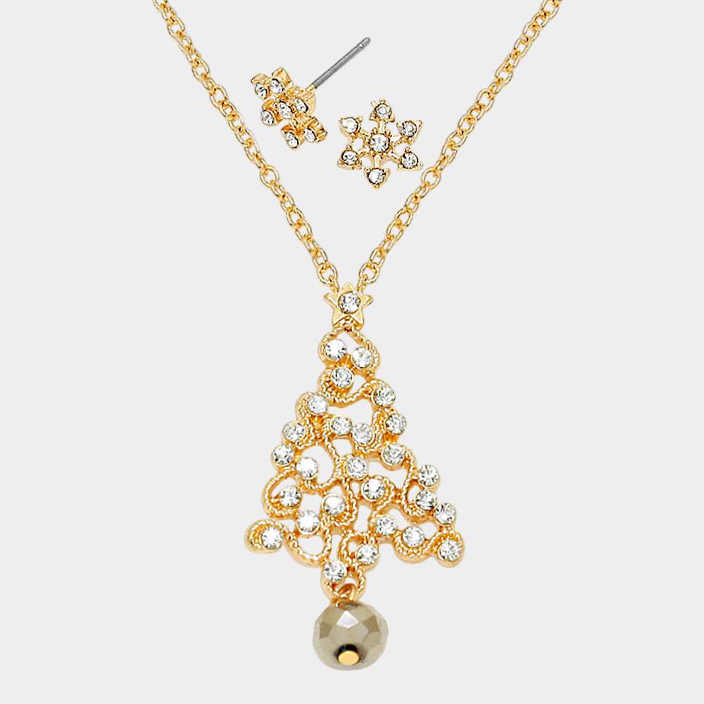Crystal Christmas Tree Pendant Necklace with Snow Flake Earrings - Madeline Love - Flyclothing LLC