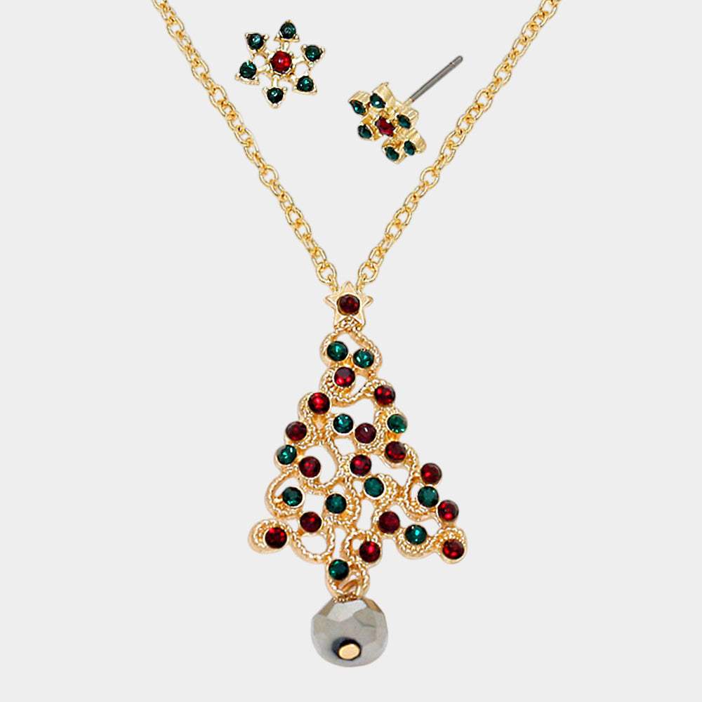 Crystal Christmas Tree Pendant Necklace with Snow Flake Earrings - Madeline Love - Flyclothing LLC