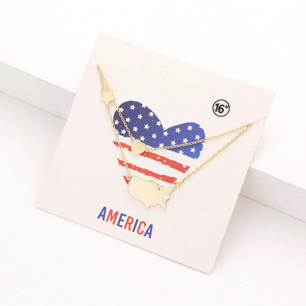 Metal American USA Flag United State Map Star Heart Pendant Double Layered Necklace - Madeline Love - Flyclothing LLC