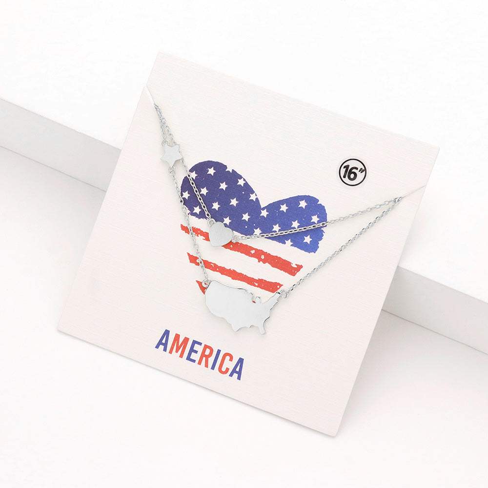 Metal American USA Flag United State Map Star Heart Pendant Double Layered Necklace - Madeline Love - Flyclothing LLC