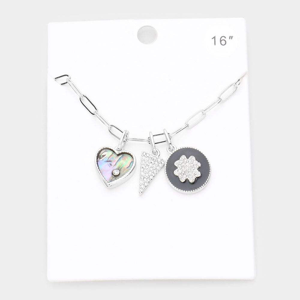 Rhinestone Embellished Abalone Heart Triangle Quatrefoil Pendant Necklace - Madeline Love - Flyclothing LLC