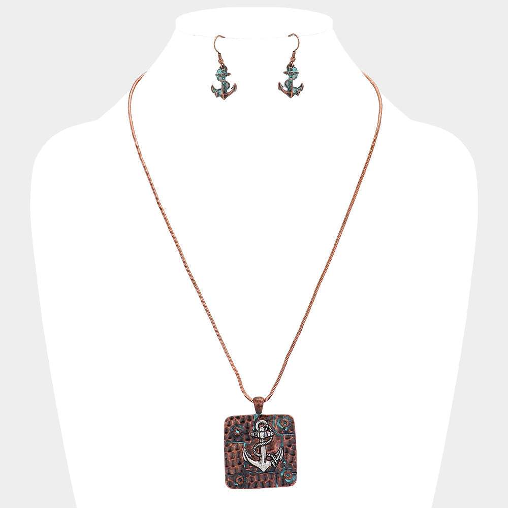 Antique Square Metal Anchor Pendant Necklace - Madeline Love - Flyclothing LLC