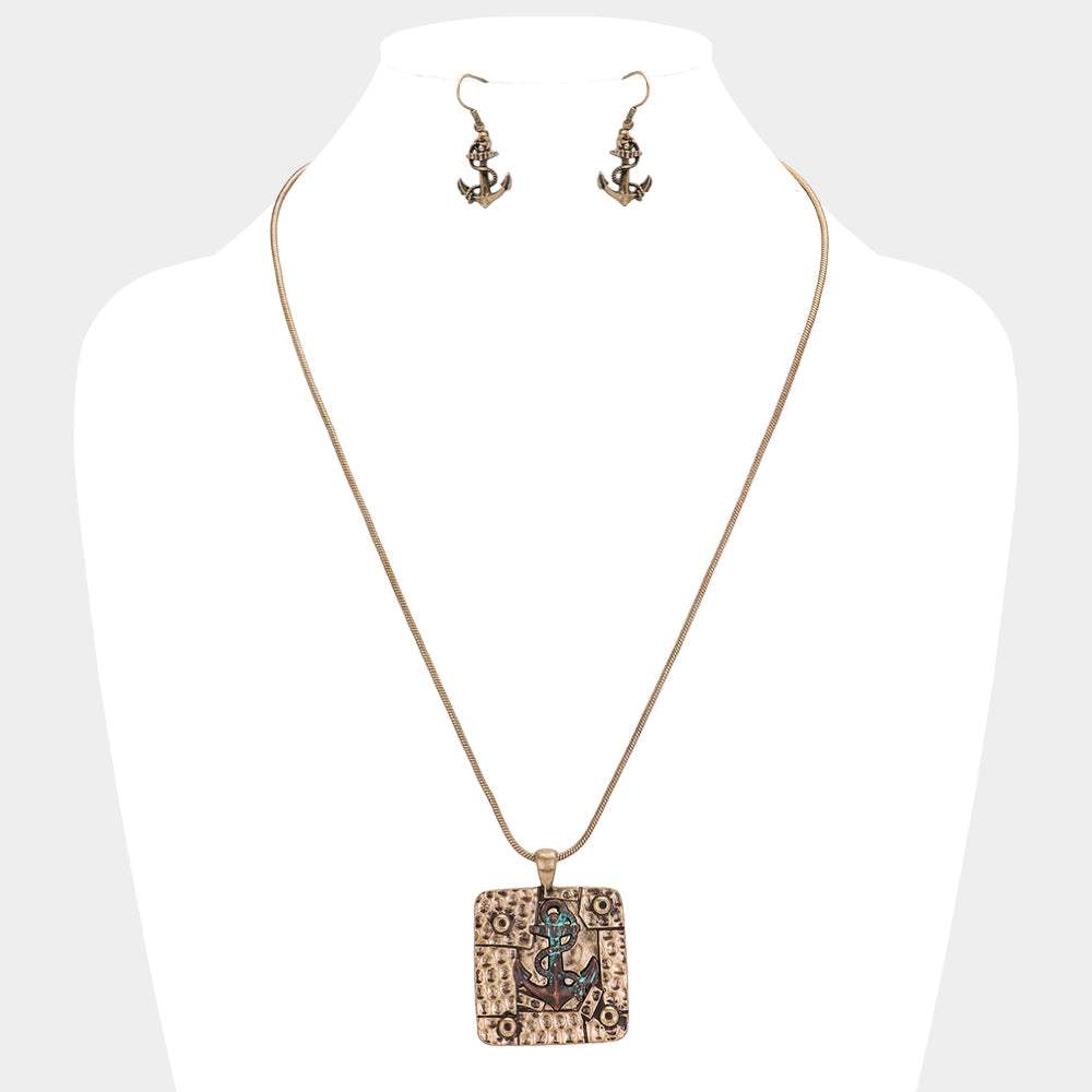 Antique Square Metal Anchor Pendant Necklace - Madeline Love - Flyclothing LLC