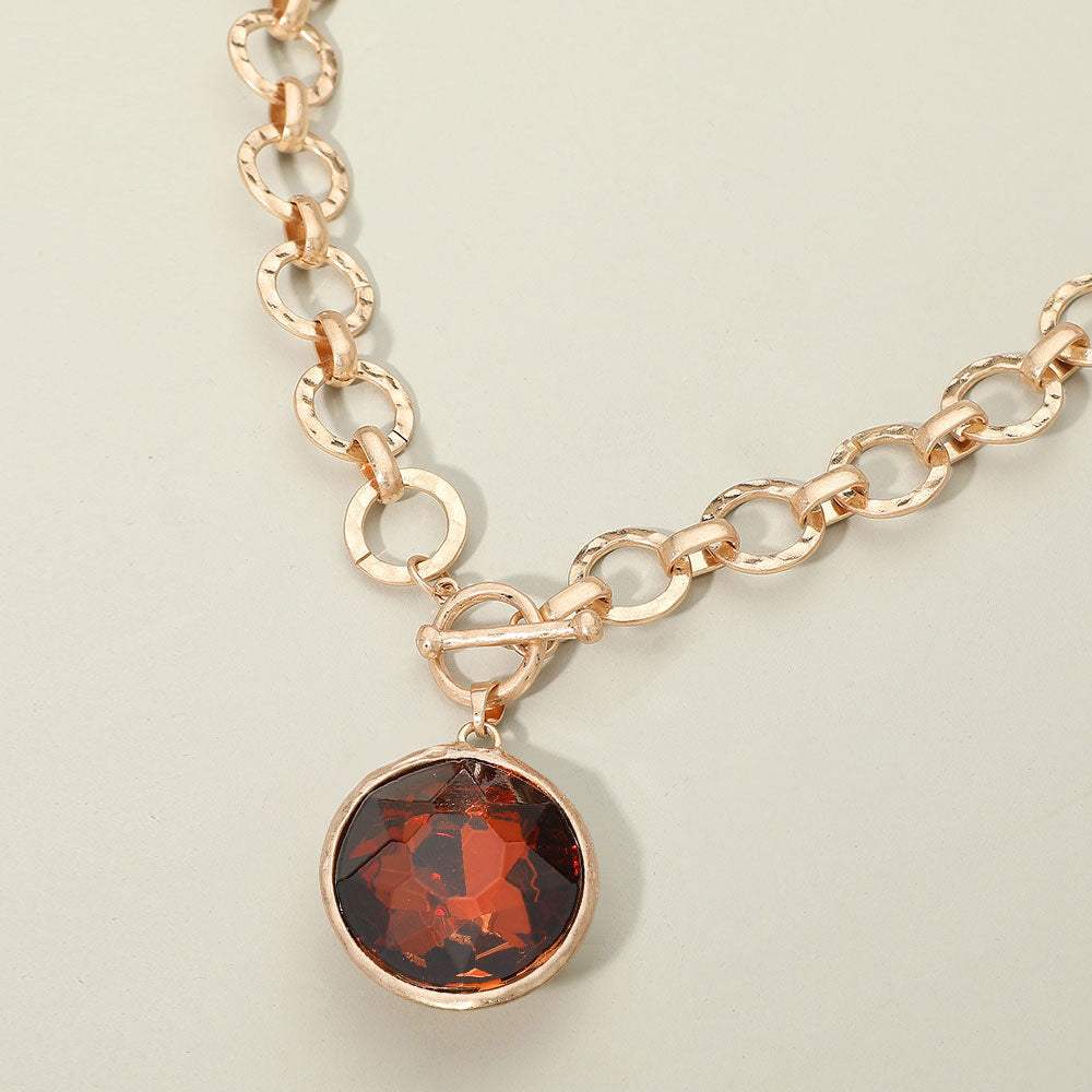 Bold Oval Gemstone Pendant Brushed Metal Chunky Chain Toggle Necklace - Madeline Love - Flyclothing LLC