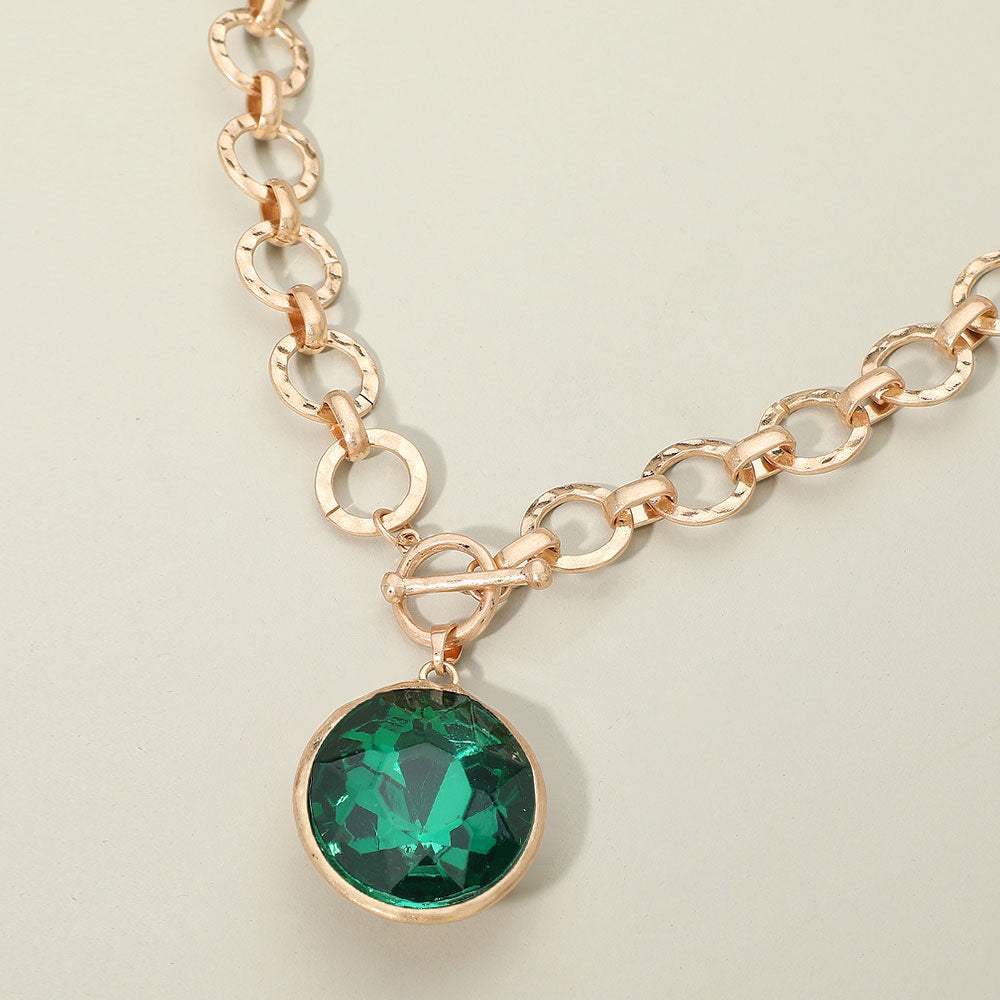 Bold Oval Gemstone Pendant Brushed Metal Chunky Chain Toggle Necklace - Madeline Love - Flyclothing LLC