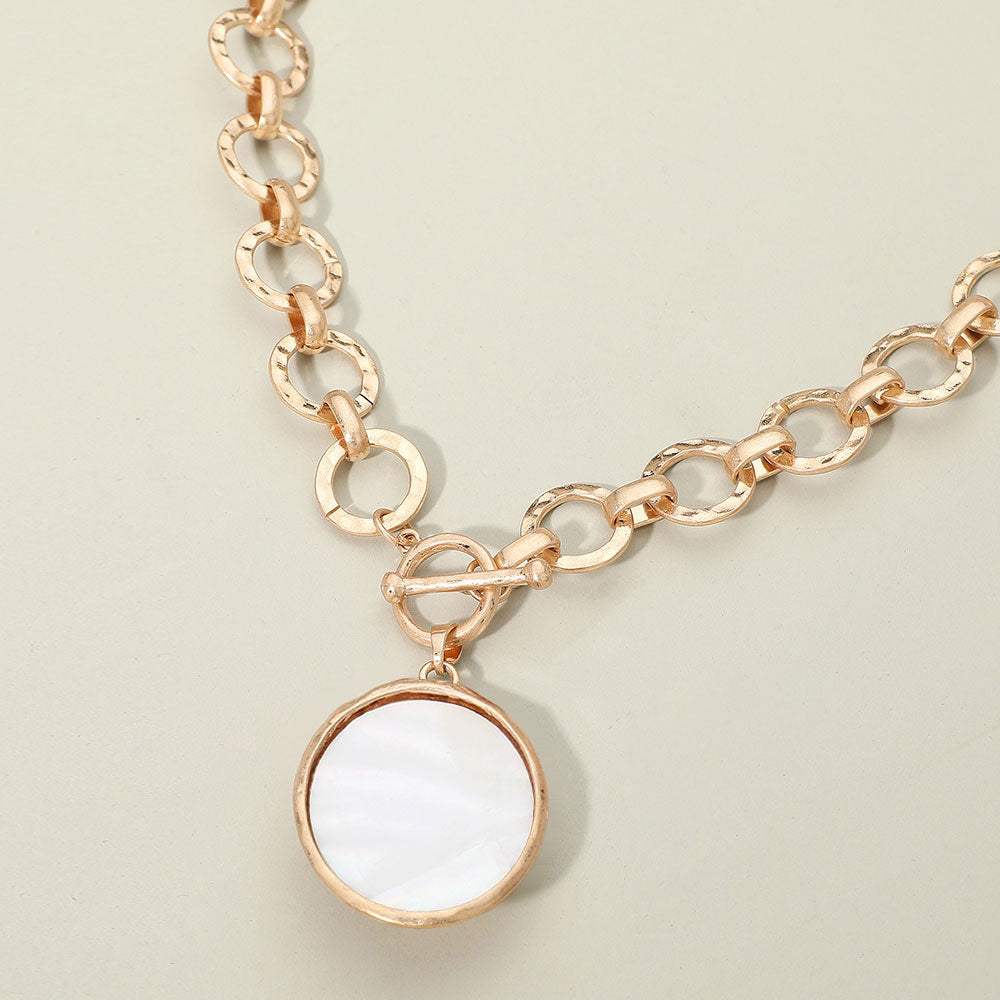 Bold Oval Mother of Pearl Pendant Brushed Metal Chunky Chain Toggle Necklace - Madeline Love - Flyclothing LLC