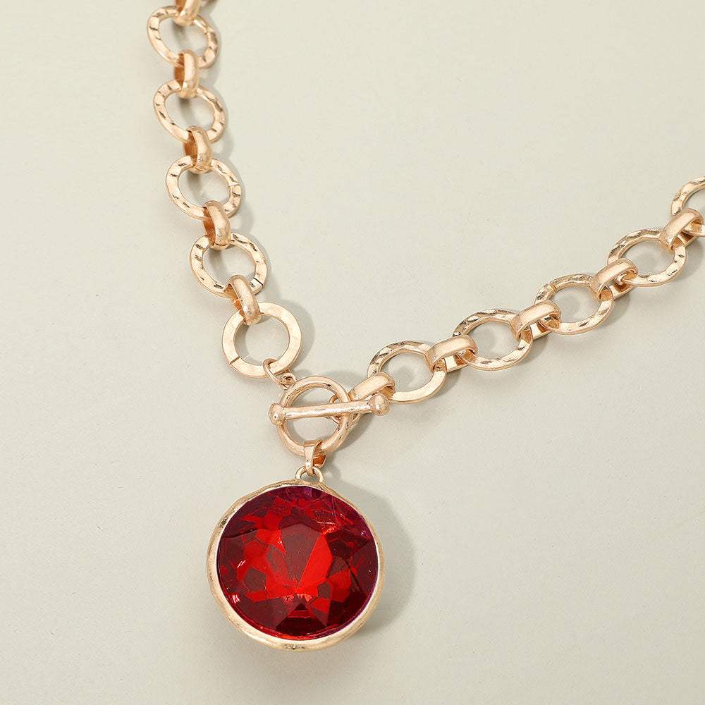Bold Oval Gemstone Pendant Brushed Metal Chunky Chain Toggle Necklace - Madeline Love - Flyclothing LLC