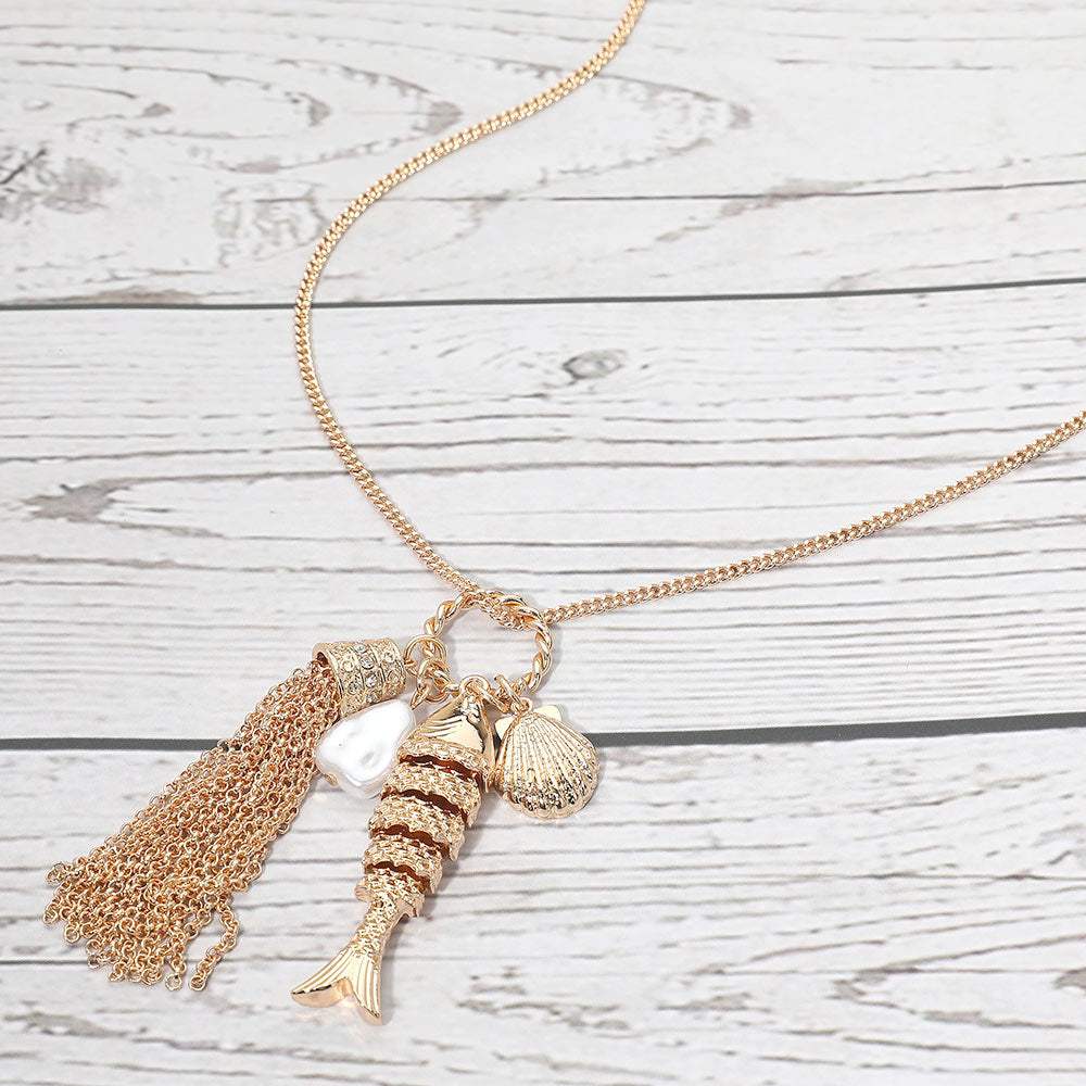 Metal Tassel Pearl Shell Fish Charm Pendant Necklace - Madeline Love - Flyclothing LLC