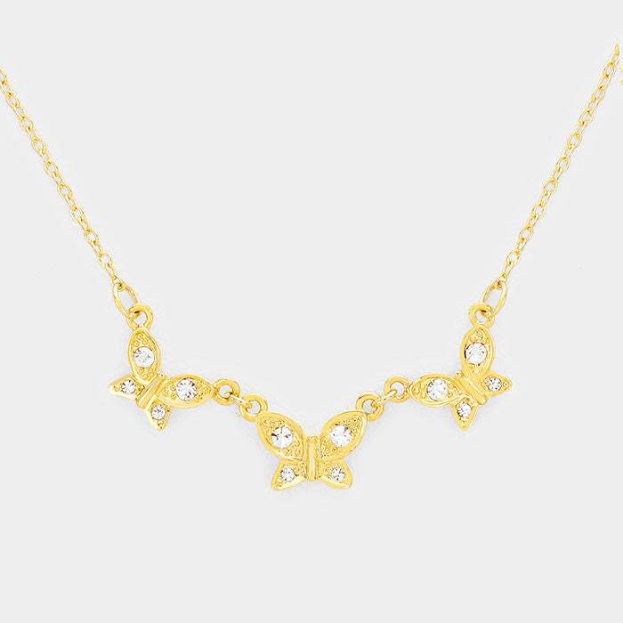 Rhinestone Triple Butterfly Pendant Necklace - Madeline Love - Flyclothing LLC