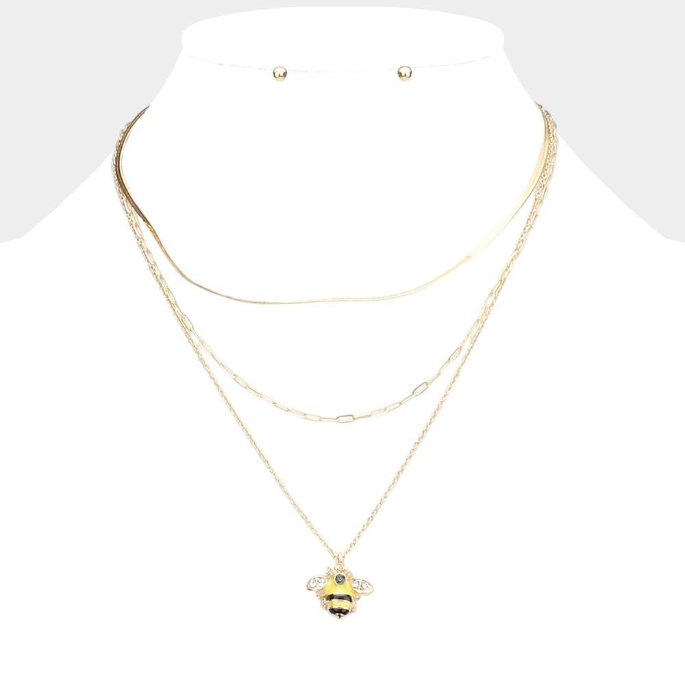 Stone Embellished Enamel Honey Bee Pendant Triple Layered Necklace - Madeline Love - Flyclothing LLC