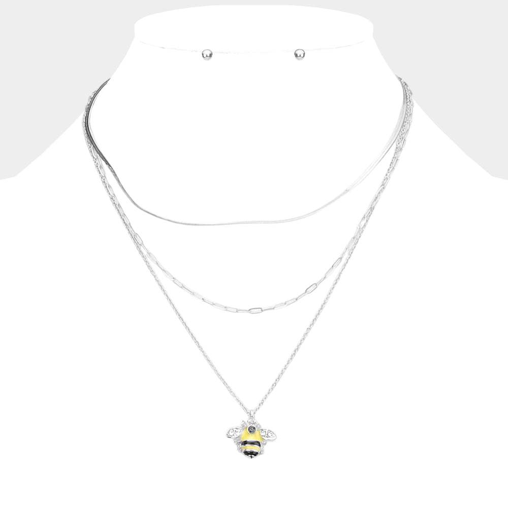 Stone Embellished Enamel Honey Bee Pendant Triple Layered Necklace - Madeline Love - Flyclothing LLC