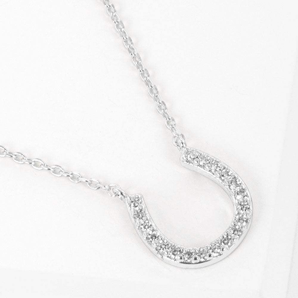 White Gold Dipped CZ Stone Paved Horseshoe Pendant Necklace - Madeline Love - Flyclothing LLC