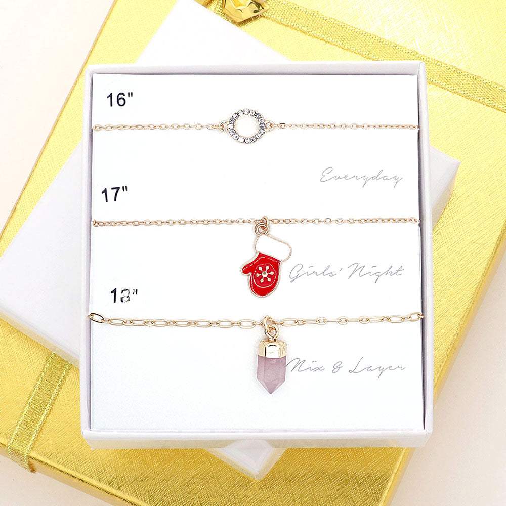 3PCS - Open Circle Glove Natural Stone Pendant Necklaces - Madeline Love - Flyclothing LLC