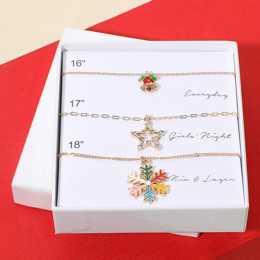 3PCS - Christmas Bell Open Star Snowflake Pendant Necklace Set - Madeline Love - Flyclothing LLC