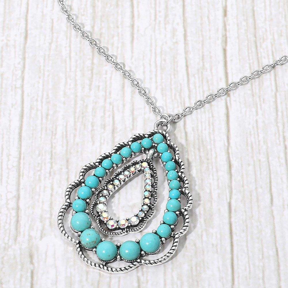Boho Stone Beaded Layered Teardrop Pendant Necklace - Madeline Love - Flyclothing LLC