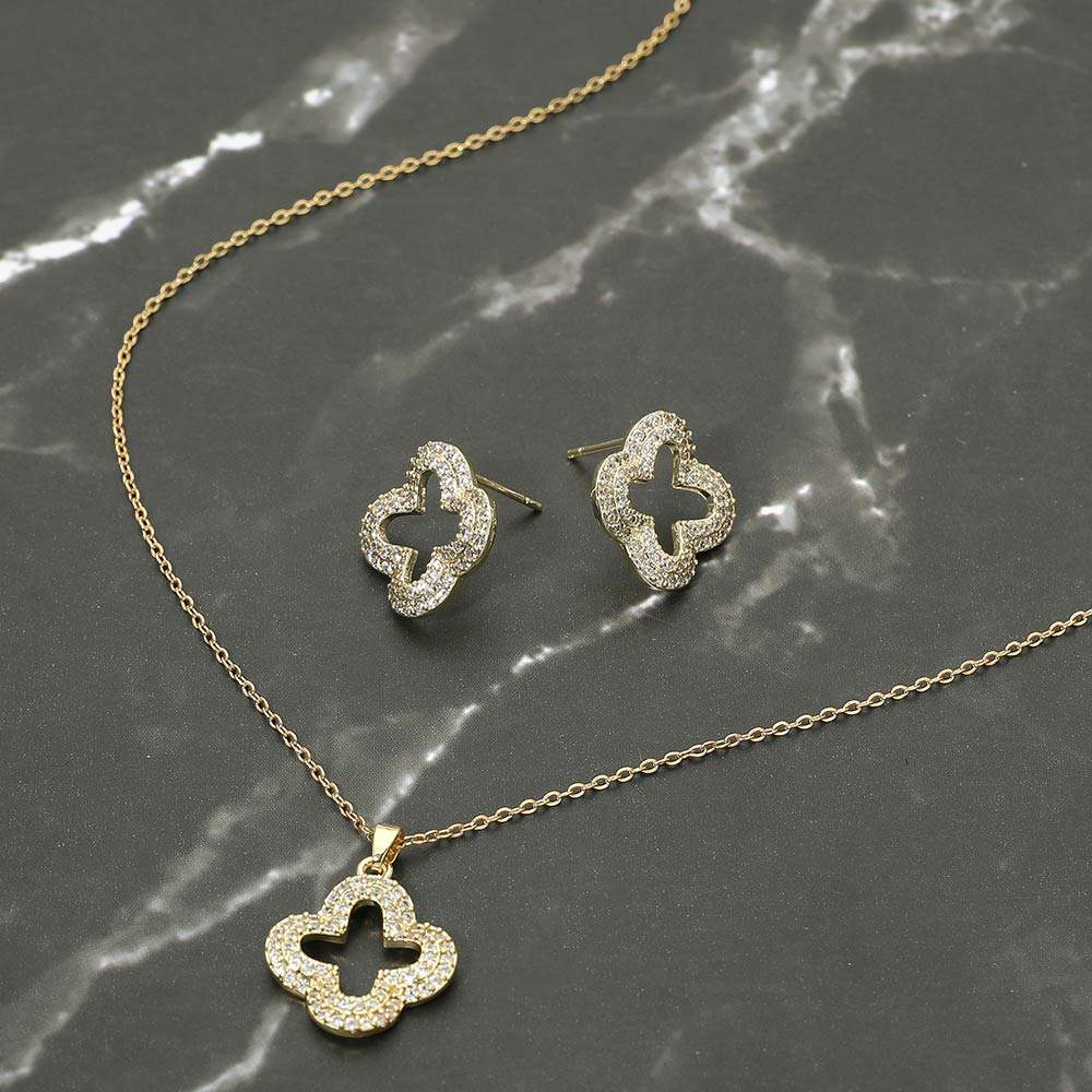 Stainless Steel Stone Pave Open Quatrefoil Pendant Necklace - Madeline Love - Flyclothing LLC