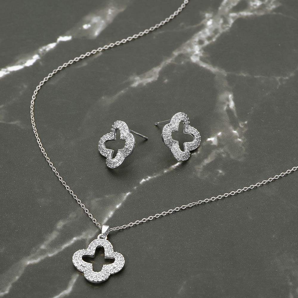 Stainless Steel Stone Pave Open Quatrefoil Pendant Necklace - Madeline Love - Flyclothing LLC