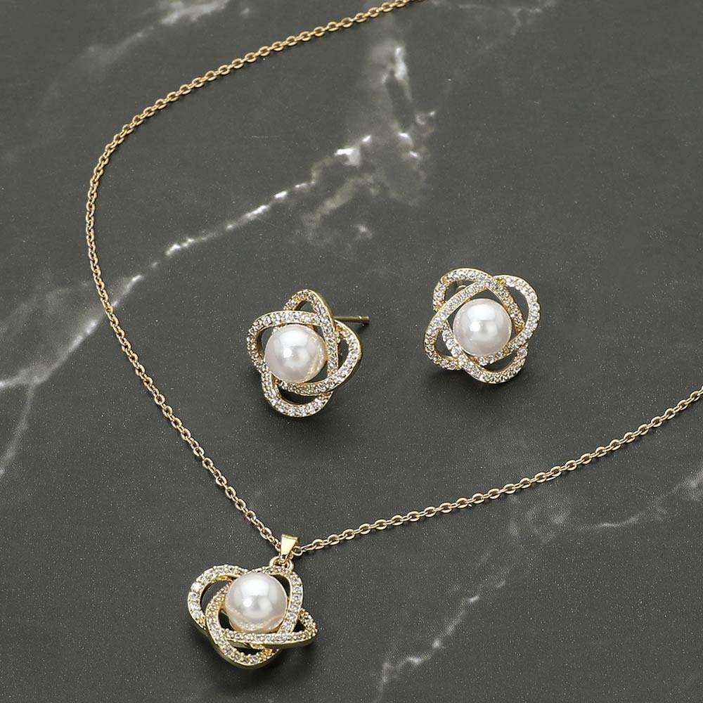 Stainless Steel Pearl Accent Stone Pave Flower Pendant Necklace - Madeline Love - Flyclothing LLC