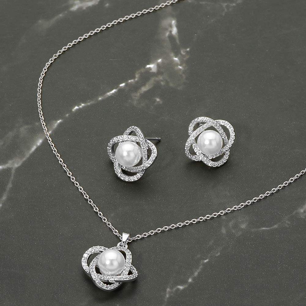 Stainless Steel Pearl Accent Stone Pave Flower Pendant Necklace - Madeline Love - Flyclothing LLC