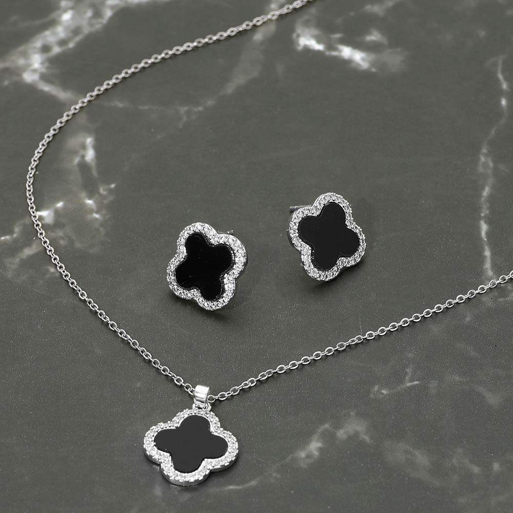 Stainless Steel Stone Rim Quatrefoil Pendant Necklace - Madeline Love - Flyclothing LLC