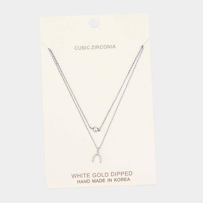 White Gold Dipped Cubic Zirconia CZ Wishbone Pendant Necklace - Madeline Love - Flyclothing LLC
