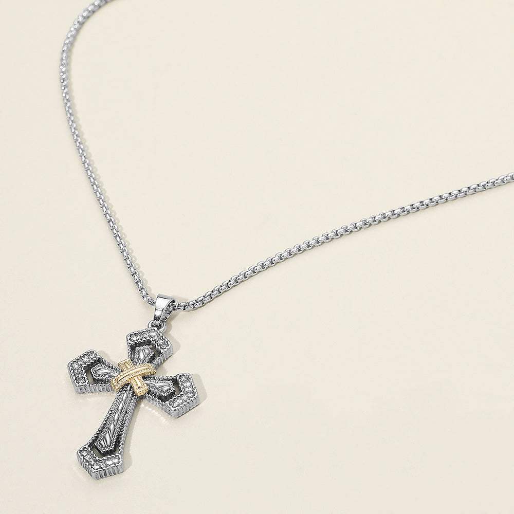 Two Tone Textured Metal Cross Pendant Necklace - Madeline Love - Flyclothing LLC