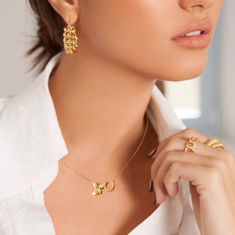 Gold Dipped Western Boot Round Stone Horseshoe Pendant Necklace - Madeline Love - Flyclothing LLC