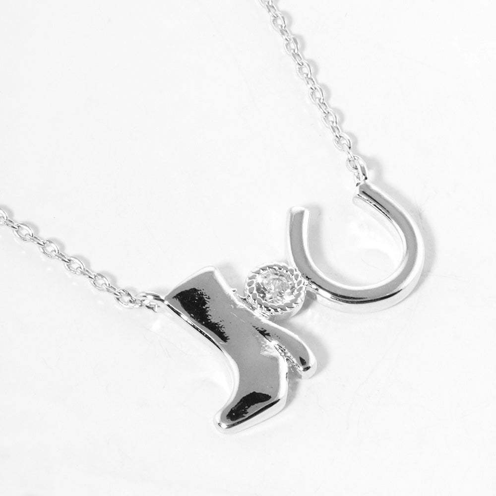 White Gold Dipped Western Boot Round Stone Horseshoe Pendant Necklace - Madeline Love - Flyclothing LLC