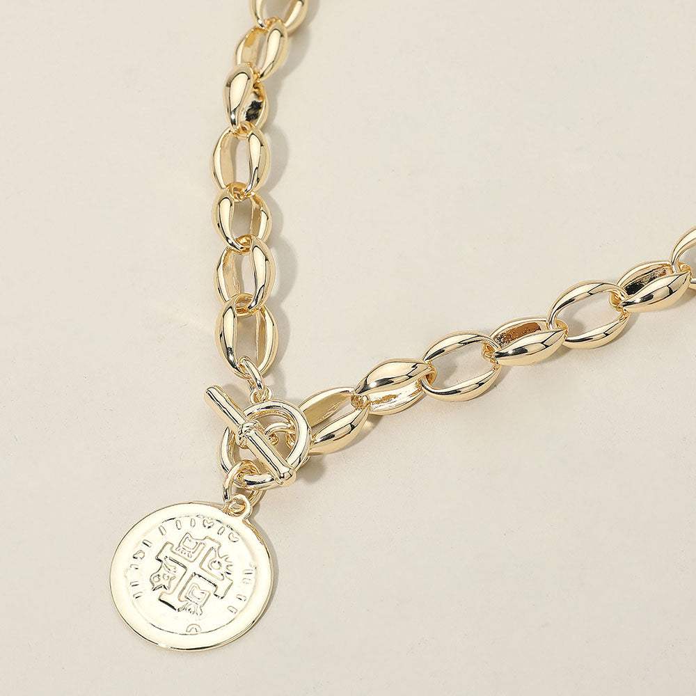 14K Gold Plated Cross Embossed Coin Charm Chunky Chain Toggle Necklace - Madeline Love - Flyclothing LLC