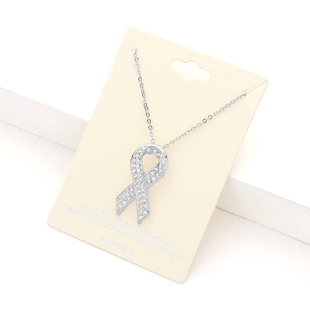 Rhinestone Embellished Metal Pink Ribbon Pendant Necklace - Madeline Love - Flyclothing LLC