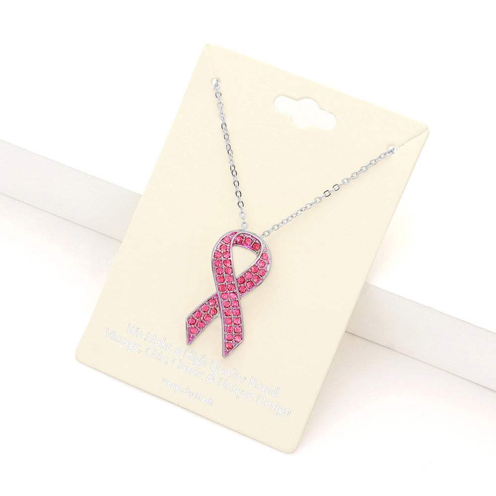 Rhinestone Embellished Metal Pink Ribbon Pendant Necklace - Madeline Love - Flyclothing LLC