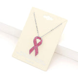 Rhinestone Embellished Metal Pink Ribbon Pendant Necklace - Madeline Love - Flyclothing LLC