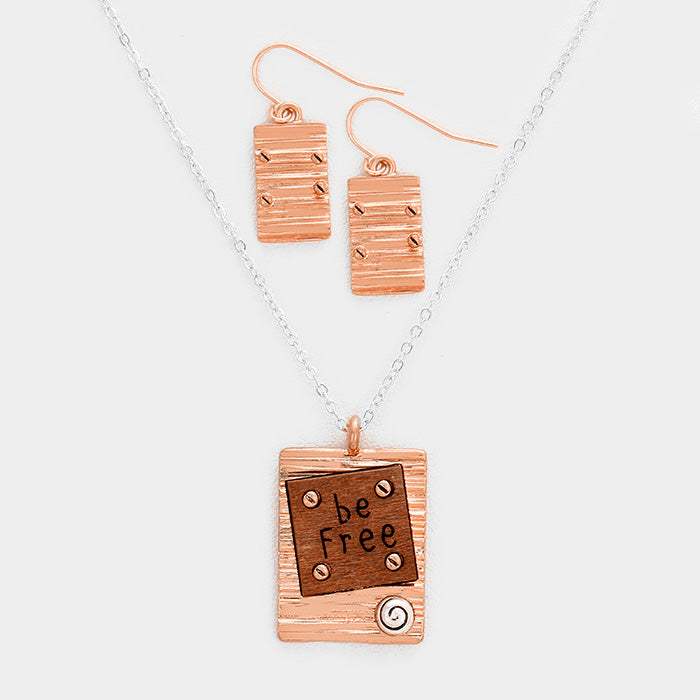 Be Free Wood Rectangular Metal Pendant Necklace - Madeline Love - Flyclothing LLC