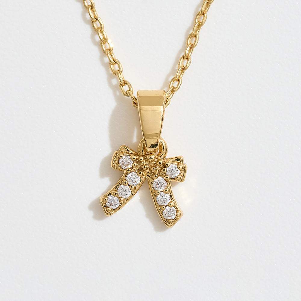 14K Gold Dipped CZ Stone Paved Bow Pendant Necklace - Madeline Love - Flyclothing LLC