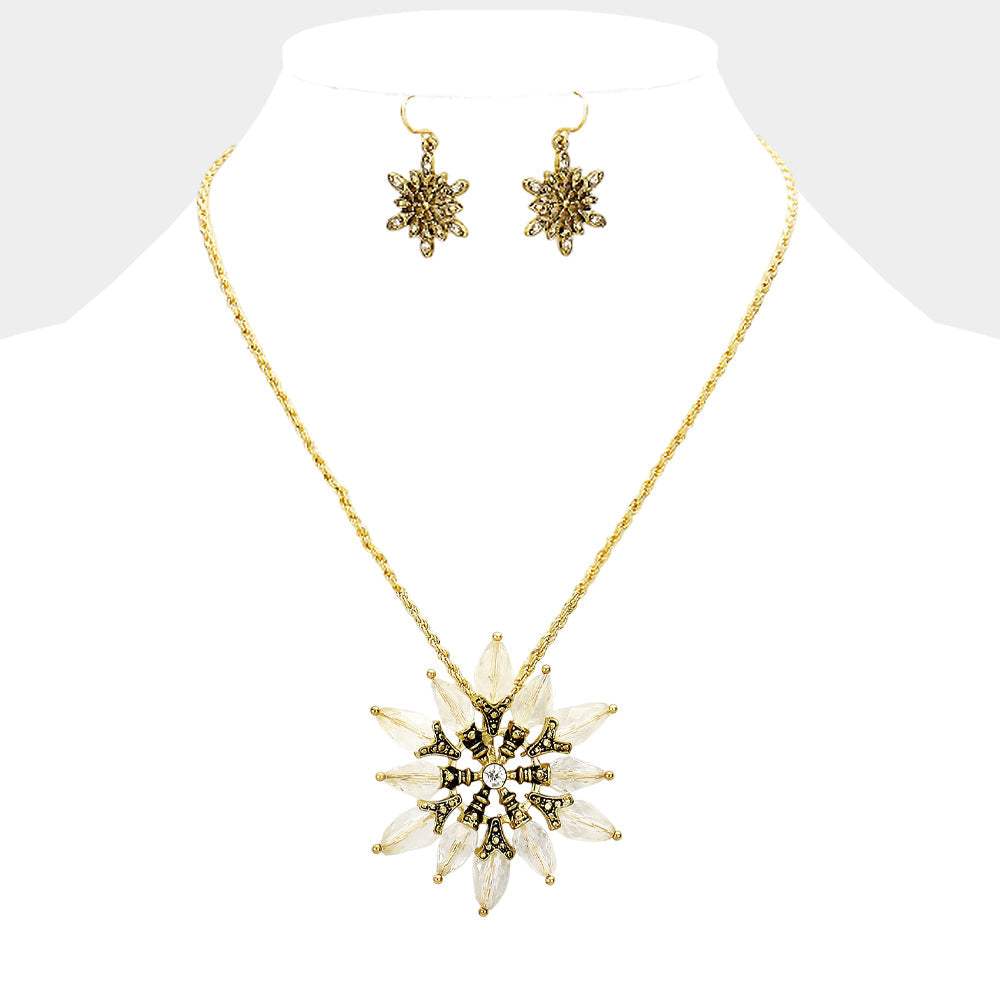 Bead Antique Metal Flower Flake Pendant Necklace - Madeline Love - Flyclothing LLC